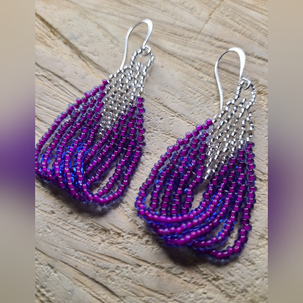 Beautiful Round Fringe Hand beaded earrings (purple and clear silver)